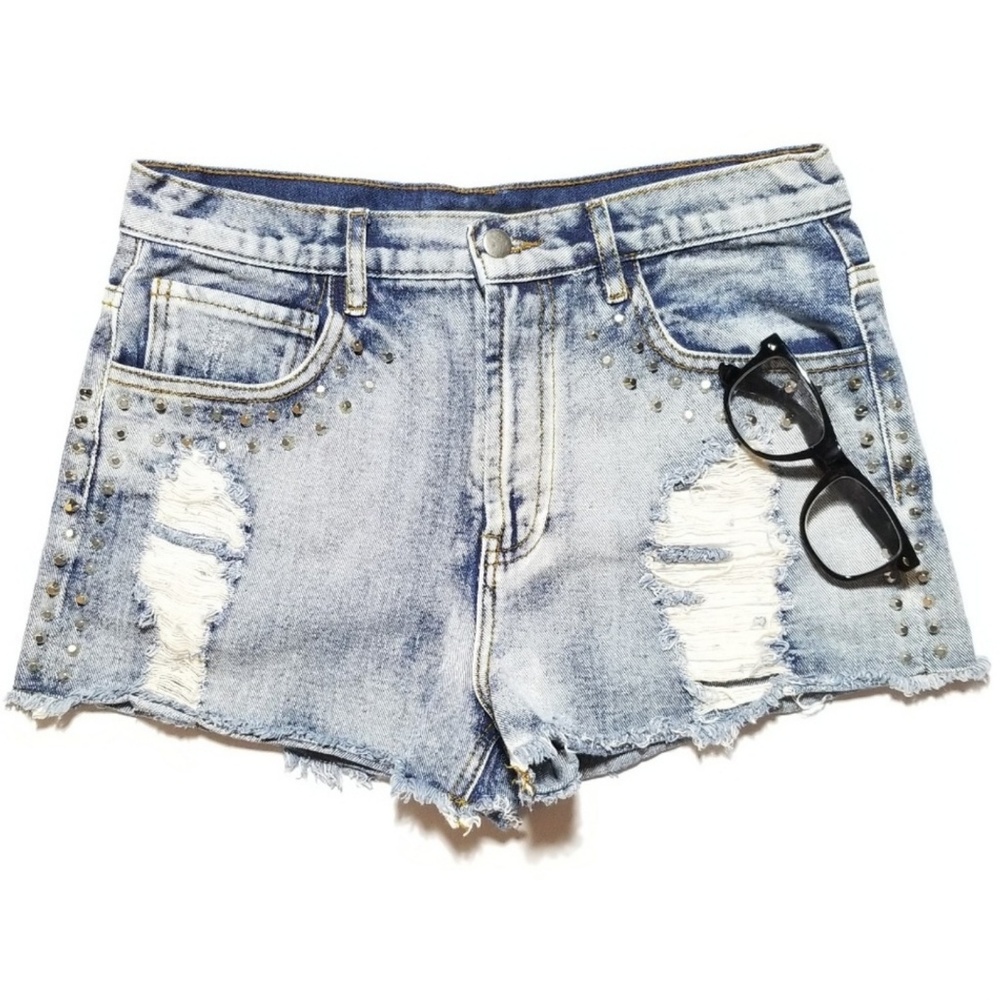 Forever 21 Distressed Stud Acid Wash Jean Shorts